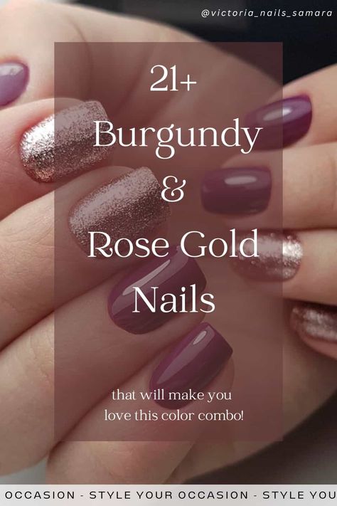 Looking for elegant burgundy nails with designs or glitter? You’ll love this list of burgundy and rose gold nails for every day wear or a special occasion. There’s short and simple almond nails, extravagant acrylic manicures with rose gold foil, glittery French tips, and everything in between! Mauve And Gold Nails Design, Fall Nails With Rose Gold, Mauve And Glitter Nails, Nail Ideas For Burgundy Dress, Winter Nails Pink Rose Gold, Mauve Nails Design Classy, Sparkly French Manicure Almond, Glittery Rose Gold Nails, Rose Gold Nails Design Classy Short