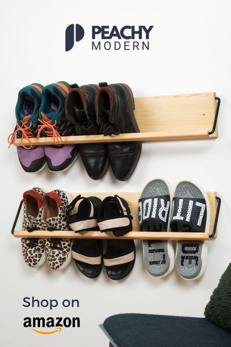 Wall-mounted shoe rack Low Profile Shoe Rack, Boutique Organization, Wooden Shoe Rack Designs, Shoe Rack Wall, Shoe Rack Hallway, Mounted Shoe Rack, Entryway Shoe Rack, Wall Shoe Rack, Small Shoe Rack