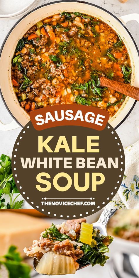 This hearty Sausage and Kale Soup with White Beans is robust, flavorful, and ultra-easy to make with canned beans. Don’t forget the crusty bread for the side! White Bean Sausage Soup, Soup With White Beans, Kale And Bean Soup, Beans Recipe Crockpot, Bean And Sausage Soup, Sausage And Kale Soup, Kale Soup Recipes, Sausage And Kale, Beans In Crockpot