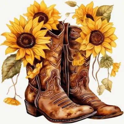 Flowers In Boots Painting, Boots With Sunflowers, Cowboy Paintings, Sublimation Ornaments, Cute Greetings, Hello 20, Decoupage Collage, Art Boots, Easy Candy Recipes