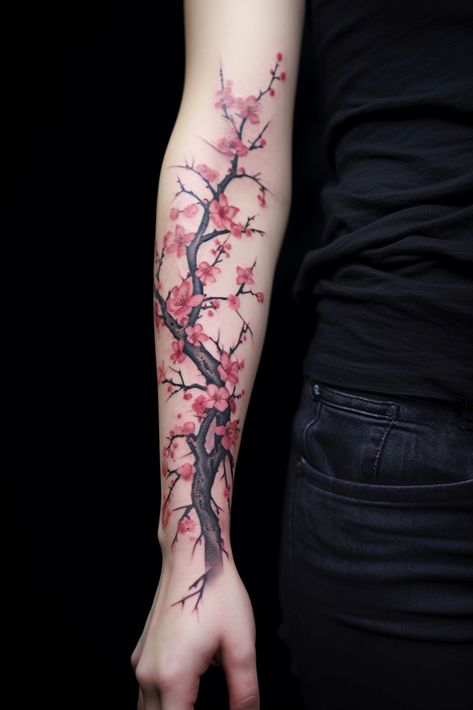 Japanese Floral Tattoo on Arm Japanese Floral Tattoo, Cherry Blossom Tattoo Shoulder, Cherry Tree Tattoos, Tato Geometris, Blossom Tree Tattoo, Sakura Tattoo, Japanese Flower Tattoo, Tree Tattoo Designs, Tato Lengan