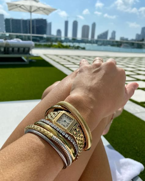 Stacked Gold Bracelets Aesthetic, Pairing Gold And Silver Jewelry, Stacked Watch And Bracelets, Mixed Metal Cartier Stack, Everyday Luxury Jewelry, Mixed Metal Stacked Bracelets, Gold And Silver Stacked Bracelets, Everyday Bracelets Stacked, How To Layer Bracelets With A Watch