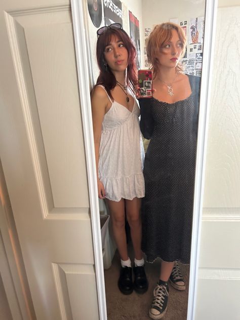 doc martens, converse, dress, vintage dress, babydoll dress, wolf cut, white dress, black dress, outfit, outfit inspo Babydoll Dress Over Jeans Outfit, White Babydoll Dress Outfit, Dress With Docs, Babydoll Dress Outfit, Black Dress Outfit, Dress Over Jeans, White Babydoll Dress, White Babydoll, White Ruffle Dress