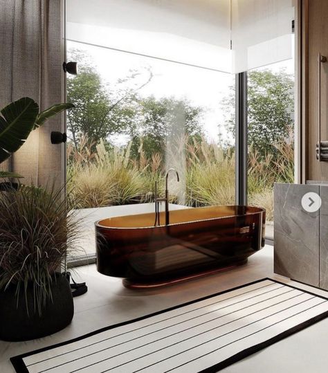 Aesthetic Bathtub, Bathroom Moodboard, Japanese Bathroom Design, Glass Bathtub, Lux Interior, Large Bathtub, Italian Bathroom, Open Bathroom, Residential Windows