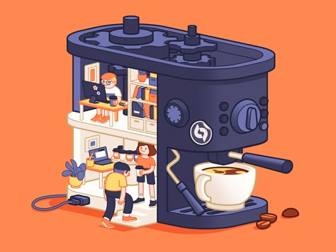 This illustration captures a captivating scene of a busy office life within a coffee machine. It serves as a delightful reminder that, upon entering the office, a marvelous cup of fresh coffee awaits you to kick-start the day with vigor and motivation. With this artwork, we pay tribute to all the office coffee lovers who find inspiration in that first sip of morning brew. Let's work together! Microwave Illustration, Coffee Machine Illustration, Cup Of Coffee Illustration, Coffee Shop Illustration, Office Illustration, Coffee Machine Design, Machine Illustration, Coffee Process, Busy Office