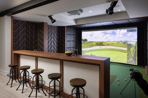 Manhasset 19th Hole - Contemporary - Family Room - New York - by Annette Jaffe Interiors | Houzz Simulator Room, Transitional Family Room, Golf Simulator Room, Contemporary Family Room, Golf Simulator, 19th Hole, Home Theater Design, Design Remodel, Secret Rooms