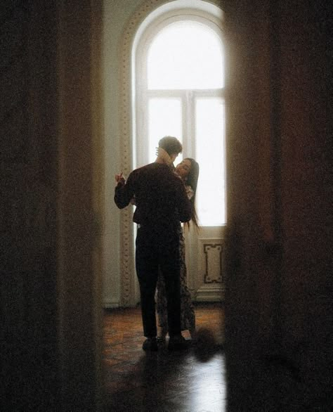 Couple Dancing Through Window, Window Engagement Photos, Dark Formal Aesthetic, Slow Dance Aesthetic, Tiny Speaker, Dark Academia Couple, Slow Dancing Aesthetic, Couple Dancing Aesthetic, Slow Dancing