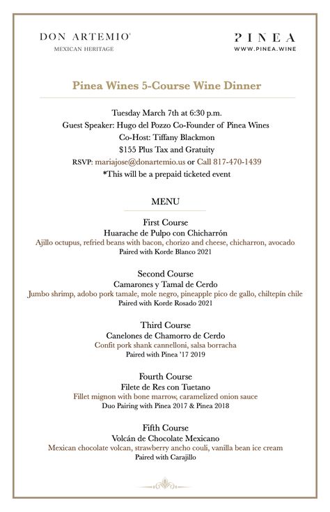 Don Artemio | Five course wine dinner | Wine dinner | Hosting | Dinner event | Wine pairing | Mexican food | High end restaurant Wine Pairing Menu, Dinner Party Entrees, Party Entrees, Easy Delicious Appetizers, Fine Dining Menu, Wine Pairing Dinner, Pork Adobo, Food Pairing, Dining Menu