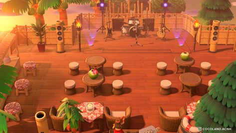 Acnh Rooftop Bar, Animal Crossing Beach Bar, Acnh Bar, Animal Crossing Cafe, Acnh Beach, Animal Crossing Music, Animale Crossing, Animal Crossing 3ds, Animals Crossing