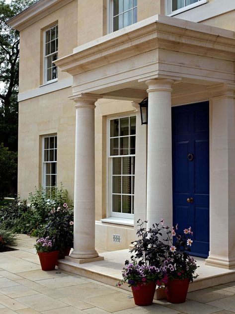 New Regency House Berkshire | Private Architects | ADAM Architecture Front Door With Pillars, Side Door Porch, Georgian Portico, Front Door Surround, Hdb Gate, Adam Architecture, House Pillars, Portico Design, Regency House