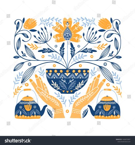 Vector Folk art ornament with hands, teapot, teacup and flowers, Scandinavian design, floral composition. Swedish and Norwegian motives #Ad , #Ad, #hands#teapot#teacup#ornament Scandi Folk Art, Folk Art Illustration, Nordic Folk Art, Folk Art Patterns, Folk Art Ornament, Folk Art Floral, Swedish Folk Art, Modern Folk Art, Arte Folk