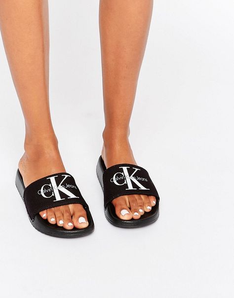 Oxfords With Socks, Calvin Klein Slides, Black Strap Sandals, Slides Outfit, T Strap Flats, Black Slip On Shoes, Strappy Flats, Clothes Closet, Heels Sandals