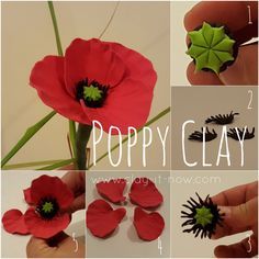 poppy flower utorial-poppy clay-poppy flower for memorial day or ANZAC day in Australia Clay Flowers How To Make, Clay Poppies, Clay Poppy, Poppy Tutorial, Poppy Craft, Fondant Flower Tutorial, Remembrance Day Poppy, Polymer Flowers, Cold Porcelain Flowers