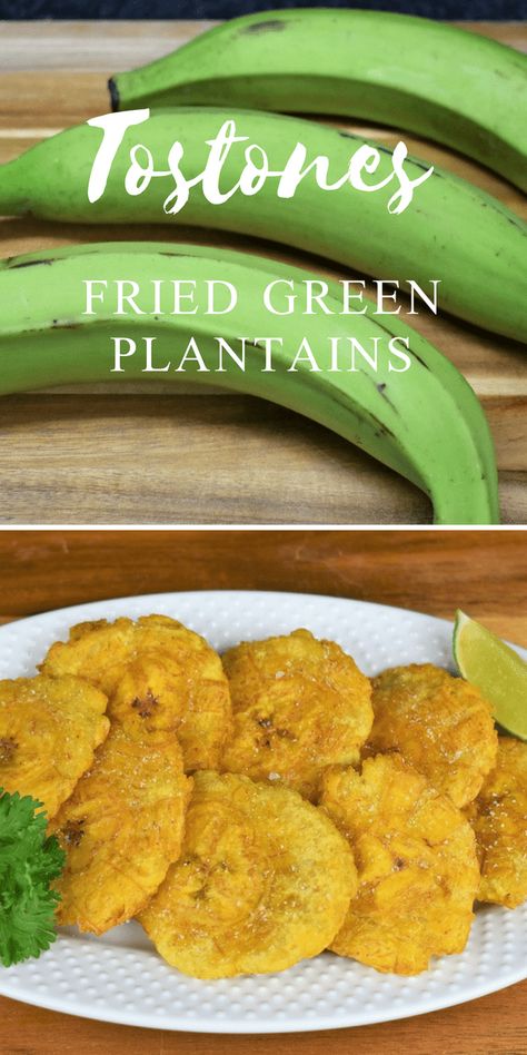 A classic Cuban side dish, tostones are fried green plantains; actually they’re twice fried green plantains. They’re really good with all kinds of dishes. #tostones #friedgreenplantains #greenplantains #cubantostonesrecipe #sidedishes #tostonesrecipe Green Banana Recipes Puerto Rico, Green Plantain Recipes, Cuban Recipe, Nicaraguan Food, Green Plantains, Cuban Dishes, Plantain Recipes, Puerto Rico Food, Boricua Recipes