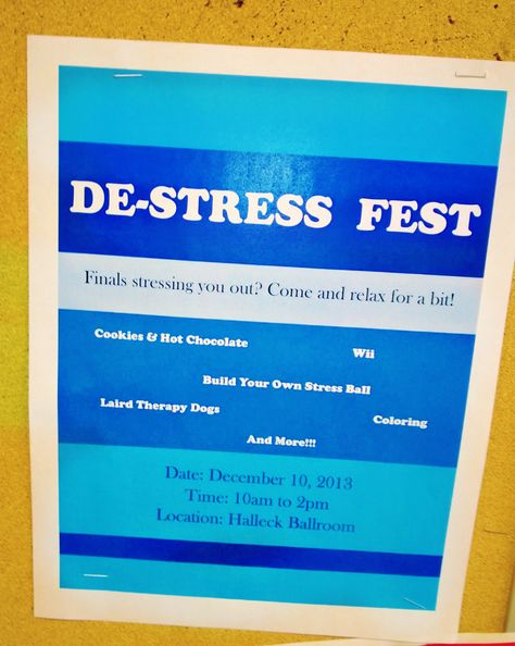 Creative Stress Relief Attend a De-Stress Fest! Colleges usually have them throughout the year for students, as well as health and wellness centers having them for the general public. #dumblebee #dumblefit #creativestressrelief #stress College Event Ideas, Student Ambassador, College Counseling, College Event, High School Counseling, Teen Programs, Health And Wellness Center, Wellness Activities, School Leadership