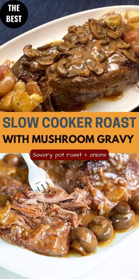 This savory slow cooker pot roast with mushrooms and onions is a crowd pleaser. The meat is tender and the sauce is full of flavor. Beef And Mushroom Slow Cooker, Beef Chuck Roast Recipes Crockpot Cream Of Mushroom, Sour Cream Pot Roast, Chuck Roast Mushrooms Crock Pot, Mushroom Pot Roast Slow Cooker, Crockpot Roast With Mushrooms, Slow Cooker Pot Roast With Mushrooms, Cream Of Mushroom Pot Roast, Moose Roast Slow Cooker