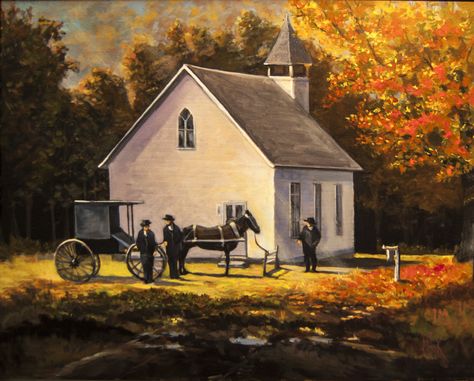 Amish Paintings, Amish Dolls, Mums In Pumpkins, Victorian Paintings, Sunday Church, Hot Cider, Church Windows, Festival Camping, Fall Country