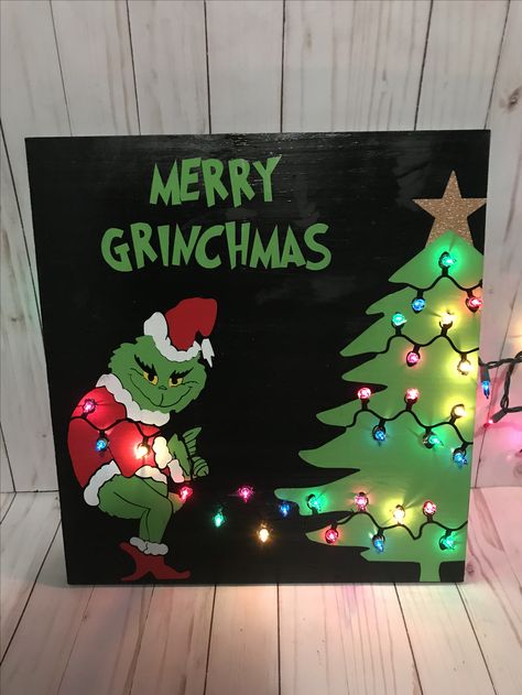 My custom grinchmas Christmas sign with lights I made myself Christmas Paintings Grinch, The Grinch Painting On Canvas, Grinch Christmas Canvas, Christmas Sign With Lights, Grinch Painting Ideas, Grinch Painting On Canvas, Grinch Canvas Painting, Grinch Drawings, Merry Grinchmas Sign