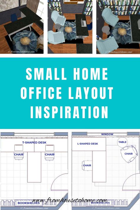 small home office layout inspiration Office For Two People Layout, T Shaped Desk, Home Office Layout Ideas, Small Home Office Layout, Home Library Design Ideas, Small Office Furniture, Office Layouts, Office Furniture Layout, Office Layout Ideas