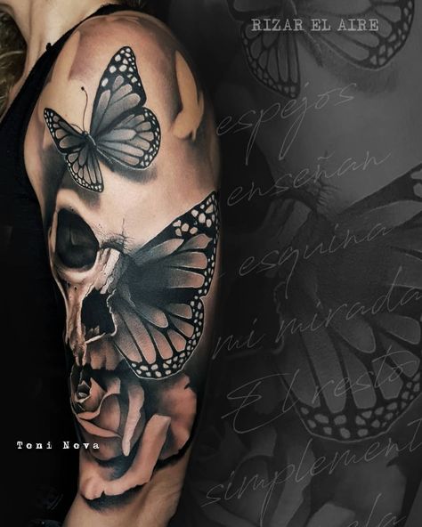 Skull And Butterfly Tattoo Sleeve, His Her Skull Tattoo, Eye And Butterfly Tattoo, Fill In Tattoos Sleeve, Half Skull Half Butterfly Tattoo, Skull And Butterfly Tattoo Design, Surreal Skull Tattoo, Tattoos That Go With Skulls, Shoulder Skull Tattoos For Women