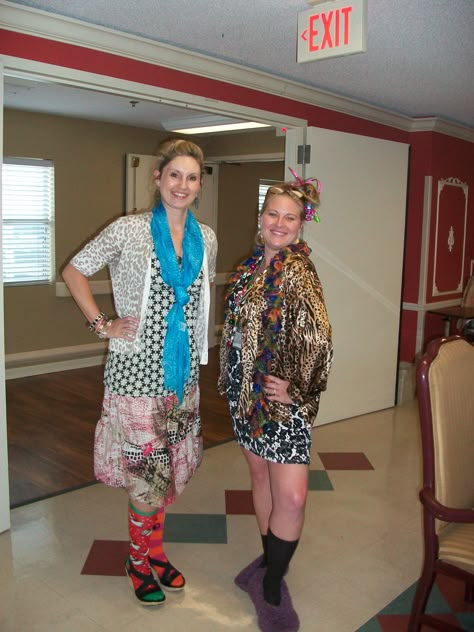 Whoa!! This is me and one of my coworkers on Fashion Disaster Day!! I love that we celebrate when a department has their special week of recognition. This was for CNA Week (but anyone that wants to can dress up)! #ThanksPinning Future Day Spirit Week Ideas, Fashion Disasters Outfit, Wacky Tacky Day, Wacky Outfits, Tacky Day, Asb Ideas, Seuss Costumes, Spirit Weeks, Cna Week