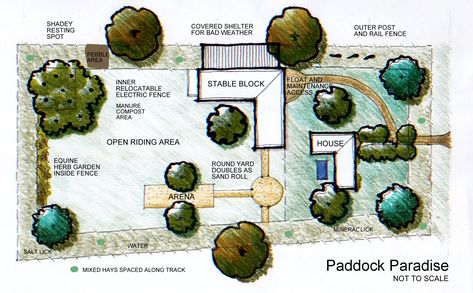 Exactly what I had in mind with the covered area of the track off the barn. Paddock Trail, Trail Ideas, Equine Barns, Barn Layout, Horse Paddock, Paddock Paradise, Horse Facility, Farm Layout, Horse Tips