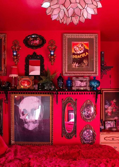 Rose Wall Bedroom, Colorful Gothic Decor, Maximalist Halloween, Red Room Aesthetic, Colorful Halloween Decor, Old Horror, Red Bedroom Decor, Green Backyard, Red Bedroom