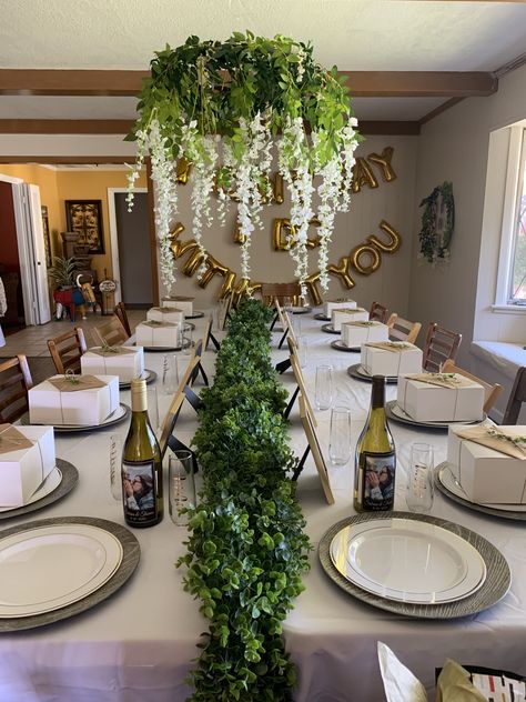 Greenery table setting with bridesmaid proposal boxes Backyard Bridesmaid Proposal, Bridal Proposal Party Decor, Bridesmaid Proposal Table Set Up, Bridesmaid Dinner Proposal, Bridesmaid Proposal Party Decor, Bridesmaid Proposal Table Setting, Bridesmaid Proposal Brunch Ideas, Bridesmaid Proposal Lunch, Brunch Backdrop