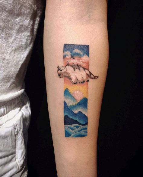 Atla Appa Tattoo, Tattoos About Nature, Avatar Appa Tattoo, Appa And Momo Avatar Tattoo, Woke Tattoos, Avatar Inspired Tattoos, Avatar Elements Tattoo, Atla Tattoo Ideas, Appa Avatar Tattoo