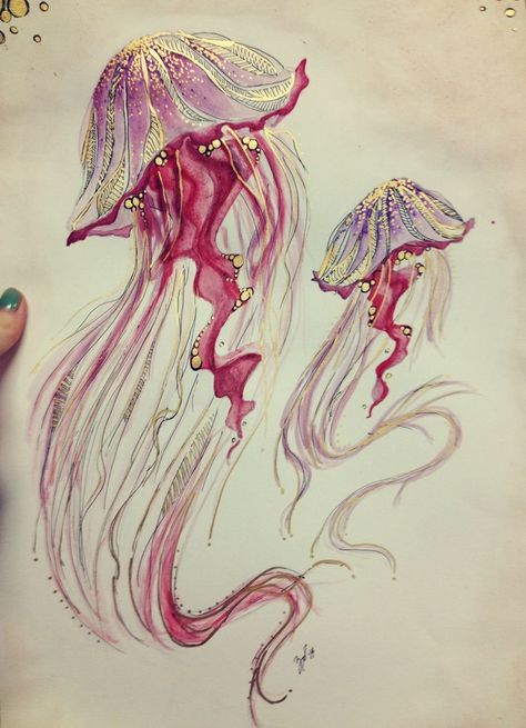 Jellyfish Drawing Watercolor, Jellyfish Watercolour Painting, Magical Jellyfish Drawing, Drawings Of Jellyfish, Painted Jellyfish, Jellyfish Watercolor Painting, Whimsical Jellyfish, Watercolour Jellyfish, Watercolor Zentangle