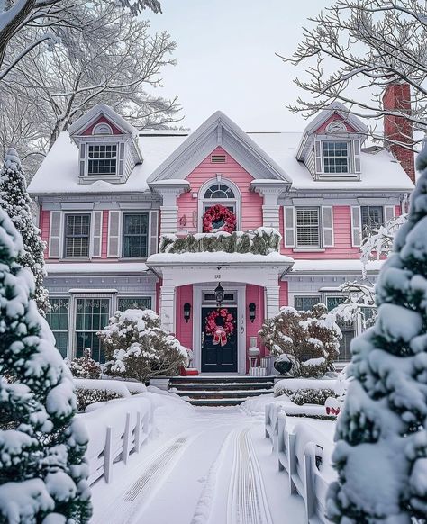 Victorian Style Homes, Pink House, Christmas Wonderland, Winter Scenery, Cabins And Cottages, Pink Houses, Christmas Scenes, Sims House, Dream House Exterior