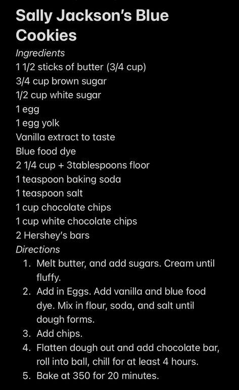 Sally Jackson Cookie Recipe, Blue Cookie Recipe, Percy Jackson Blue Cookies, Blue Cookies Percy Jackson, Percy Jackson Blue Cookies Recipe, Percy Jackson Cookies, Percy Jackson Recipes, Blue Chocolate Chip Cookies, Sally Jackson