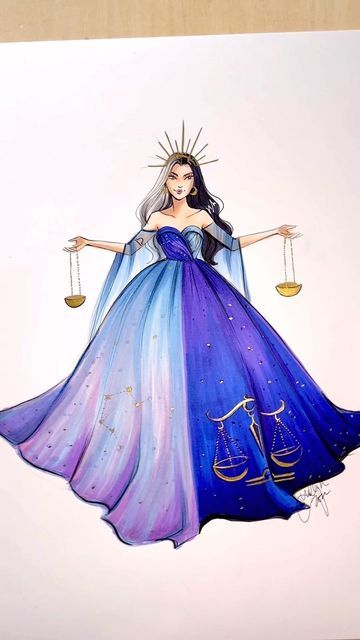 Libra Fashion, Zodiac Artwork, Holly Nichols, Sign Dress, Fashion Sketchbook Inspiration, Witchy Dress, Disney Drawings Sketches, Fashion Illustration Tutorial, Libra Season