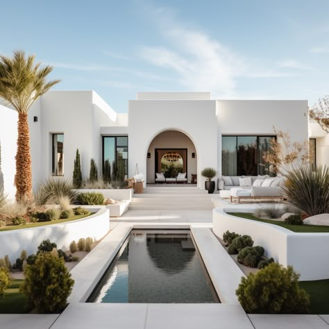 Spanish Coastal Home Exterior, Greek Exterior Design, Modern Greek House Exterior, Santorini House Design, Greek Architecture Homes, Meditterenean Houses, White Mediterranean House Exterior, Greece Home Exterior, Morocco House Design Architecture