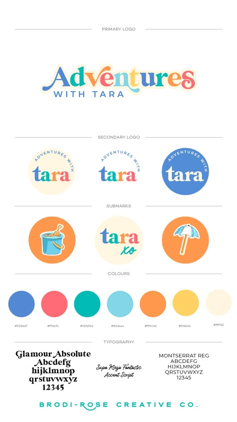 Adventures with Tara Brand Identity Style Guide Tara’s latest book release ’The Adventures of Willy’ is a funny book about sun safety. The branding we created for Tara is fun, exciting, bright, bubbly and encompasses future ventures for Tara. Full branding, logo, color palette, typography, merch products, iconography, mockups, illustration, pre-made social media templates for Instagram, Facebook and Pinterest that is easy and quick to edit and share. Kids Branding Design, Brand Color Palette, Brand Guide, Color Palette Design, Brand Style Guide, Branding Design Inspiration, Kids Logo, Brand Identity Design, 로고 디자인