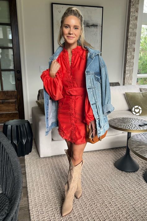 Red Dress Cowboy Boots Outfit, Nashville Dresses Cowboy Boots, Red Dress Cowboy Boots, Red Dress With Cowboy Boots, Red Cowboy Boots Outfit Winter, Nashville Concert Outfit, Short Dresses Wedding, Outfits With Cowgirl Boots, Outfits For Nashville