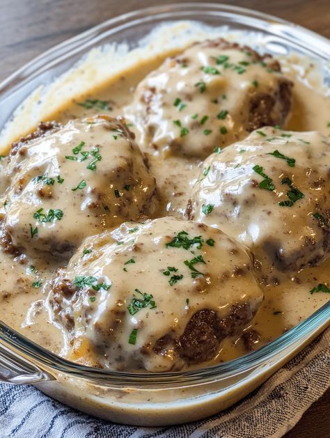 Amish Hamburger Steak Bake Amish Hamburger Steak Bake Cooktop Cove, Amish Salisbury Steak, Amish Steak Burgers, Amish Hamburger Steaks, Amish Burger Steak Bake, Dishes Made With Hamburger Meat, Burger Dishes Ground Beef, Southern Ground Beef Recipes, Hamburger Steak With Cream Of Mushroom