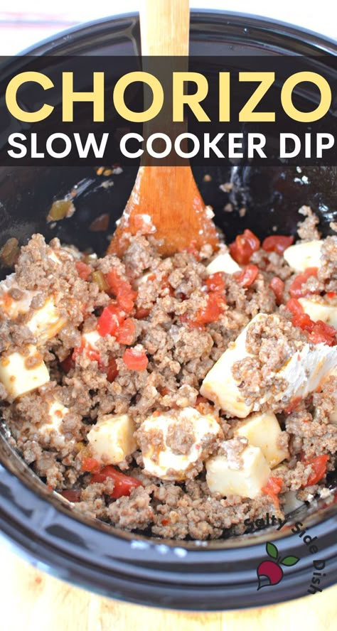 Slow Cooker Chorizo Dip - Cheesy Velveeta, cream cheese, and Ground Chorizo dip in slow cooker/crock pot – ready in 2 hours. Easy slow cooker chorizo queso dip for your parties, football games, and dinner! Perfectly smooth and so cheesy and creamy! ground chorizo diced tomatoes with chilies cream cheese Velveeta Queso Blanco cheese cubed tortilla chips White Queso Dip Crockpot With Meat, Sausage Dips Crockpot, Chorizo Velveeta Dip, Chorizo Cheese Dip Crockpot, Chorizo Dip Crockpot, Chorizo Cream Cheese Dip, Crock Pot Chorizo Queso Dip, Crockpot Chorizo Queso Dip, Chorizo Queso Dip Velveeta