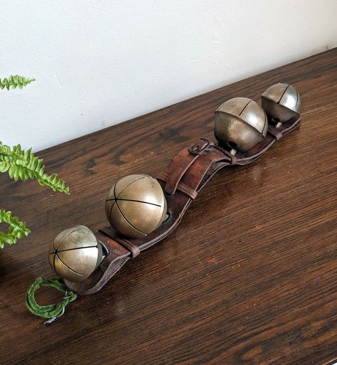 Sleigh Bell, Decorative Bells, Patina, Leather Straps, Brass, Leather