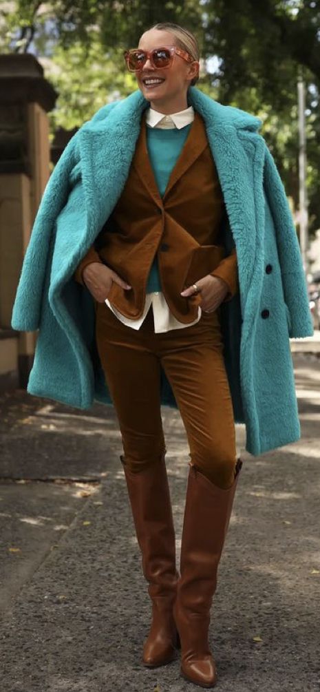 Turquoise Cardigan Outfit, Brown And Turquoise Outfit, Ethereal Office, Turquoise Shoes Outfit, Blue Outfit Winter, Turquoise Outfit, Turquoise Clothes, Working Girl Style, Teal Outfits