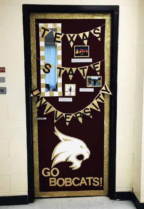 College door decorating week! I paid a tribute to Texas State University! College Door Decorations Classroom, School Spirit Door Decorating Contest, Cheer Door Decorations For Camp, School Spirit Door Decorations, College Door Decorations Contest, College Door Decoration, Homecoming Door Ideas, College Door Decorations, Cheer Camp Door Decorations