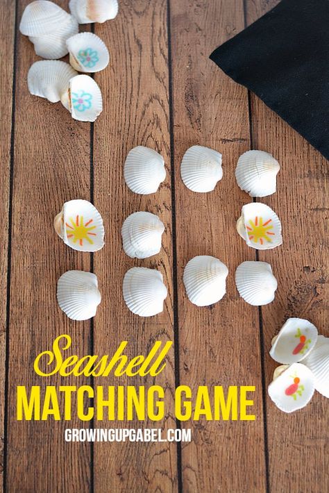 Make a DIY memory game for kids using seashells! This learning game is even more fun when played using shells collected at the beach, but you can also use store bought shells.  Use numbers, letters, shapes or more to learn while playing. Beach Party Activities For Kids, Luau Activities For Kids, Hawaiian Activities For Kids, Ocean Games For Kids, Beach Theme Games, Beach Themed Games, Moana Games, Beach Party Games, Moana Birthday Party