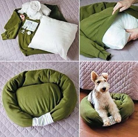 Recycle your old shirt or sweater for pet bed . This turns out really well! It's so cute! hope you love this simple craft! If you don't have a dog or cat you can always donate or make this for someone who does have a dog or cat! You may need: old shirt or sweater pins polyester filling scissors needle thread Make A Dog Bed, Chat Diy, Diy Pet Bed, Old Sweatshirt, Diy Dog Bed, Old Shirts, Animal Projects, Dog Beds, Diy Stuffed Animals