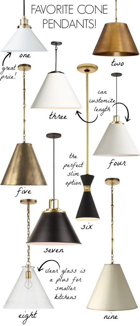 Love all of these cone pendant lights - love them over kitchen islands! Black, white, or brass and skinny or wide - so many options!! #pendants #lighting #lights #brass Brass Pendant Lights Kitchen, Brass Island, Pendant Track Lighting, Cone Pendant Light, Driven By Decor, Lights Ideas, Kitchen Island With Seating, Island Pendant Lights, Brass Pendant Light