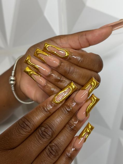 #fashion #nails #goldnails #gold #mediumnails #fyp Metallic Gold Nails Acrylic, Gold Metallic Nails, Gold Nails Extra, Long Gold Chrome Nails, Gold Junk Nails, 3d Gold Chrome Nails, Duck Tip Nails, Metallic Gold Nails, Gold Chrome Nails