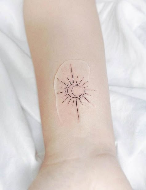 Minimalist Forearm Tattoos For Women, Small Moon And Sun Tattoo, Forearm Sun And Moon Tattoo, Sun And Moon Together Tattoo, Sun And Moon Tattoo Minimalist, Sun Moon Stars Back Tattoo, Dainty Sun And Moon Tattoo, Line Sun And Moon Tattoo, Sun Moon Minimalist Tattoo