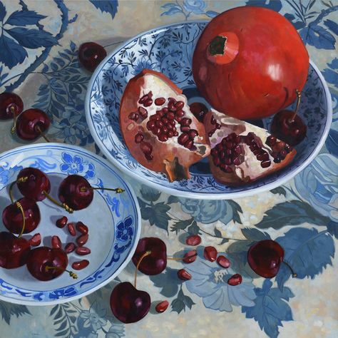 Jacques Soulas  - Pomegranate and Cherries Still Life 2, Stock Art, Still Life Painting, Aesthetic Photo, Drawing Inspiration, Aesthetic Art, Be Still, Pomegranate, Still Life