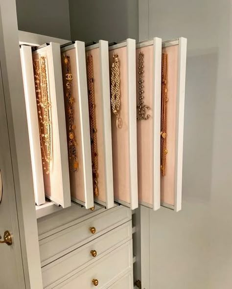 LISA ADAMS | LA CLOSET DESIGN on Instagram: "Ask for pull-out necklace trays 🍬🍭" Short Sofa, Jewelry Organization Ideas, Jewelry Armoire Diy, Small Closet Makeover, Wood Sliding Closet Doors, Jewelry Closet, Jewelry Storage Diy, Jewelry Trays, Dressing Table Design