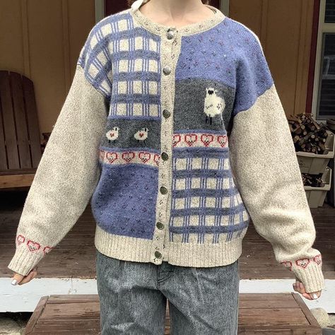 Vintage 1990 Eddie Bauer wool cardigan. So cute! Has little sheep, hearts, plaid, and flowers. Visit my depop shop , Piece_ks to check it out and more items like this :))) #wool #sweater #cardigan #vintagesweater #coldsweather #fallfashion #outfitideas #style #coquette #cottagecore #cute #thrift Grandma Cardigan Outfit, Grandma Sweater Outfit, Ladybug Redesign, Grandma Sweaters, Coquette Cottage Core, Thrift Ideas, Cold Weather Style, Grandma Cardigan, Thrift Inspo