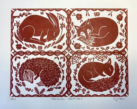 "'Seasonal Creatures' is an original linocut print - design size of approximately 8\" x 6\".  This linoprint depicts four sleeping animals, native to the British Isles: - The hare, with a Spring theme - The fox, with a Summer theme - The red squirrel, with an Autumn theme - The hedgehog, with a winter theme.    Open edition, signed by me as the artist.  Printed using Cranfield inks mixed to create a rich rusty red, on cream Japanese Simili paper. This is my original design, hand-drawn onto a lino block which is then carved ready for printing. The plate is then inked up and each print is hand-pulled. Due to the nature of the crafting & printing process, each print will be slightly different, with small variations in tone and colour. Unframed / umounted - each print will be shipped flat (not Fall Linocut Art, Autumn Lino Print, Lino Print Animals, Hedgehog Linocut, Animal Linocut, Fox Linocut, Hedgehog Sleeping, Spooky Cards, Linocut Artists